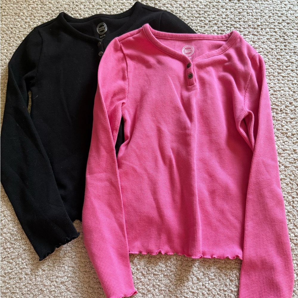 Wonder Nation Long Sleeve Henley Tops - Pink and Black